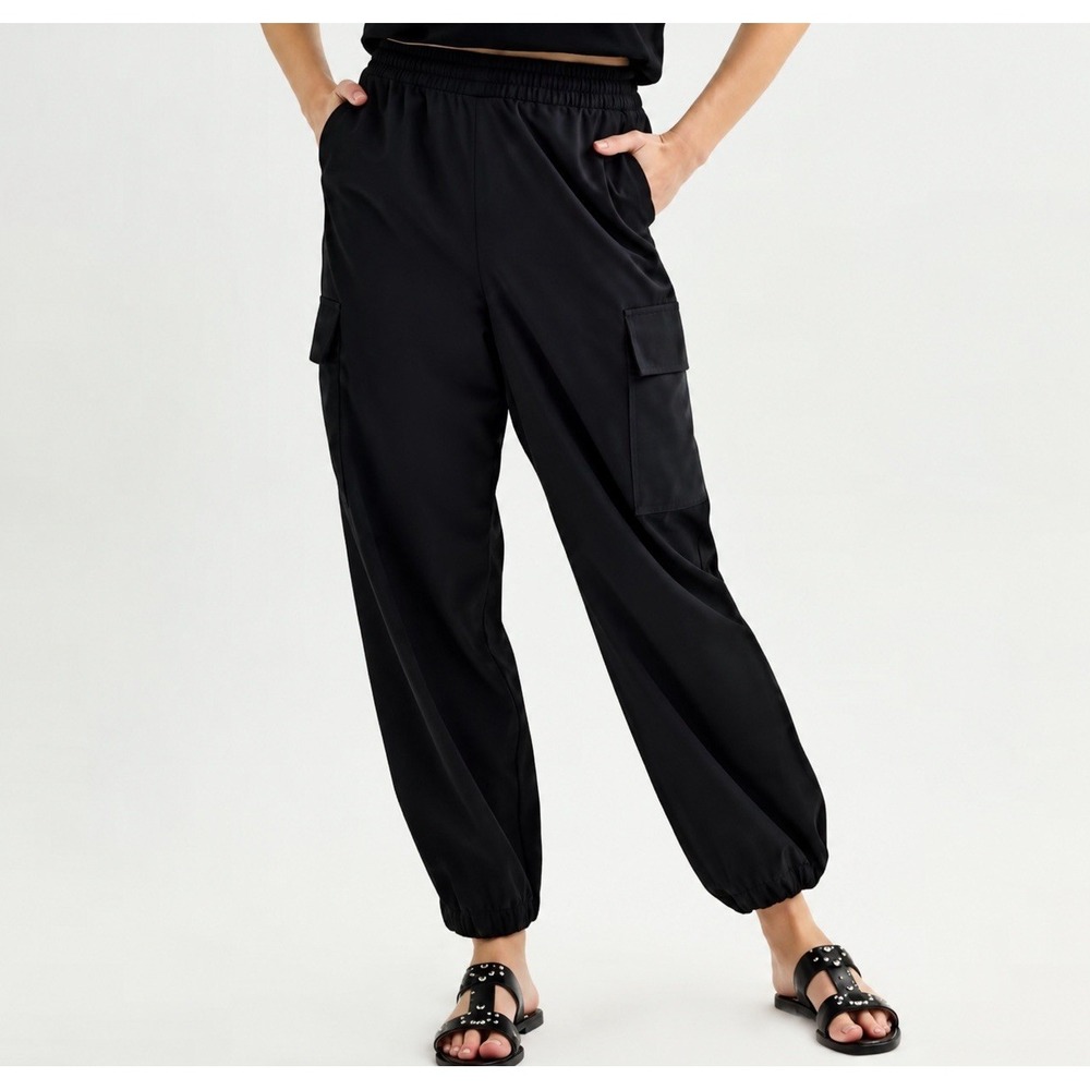 NEW INTEMPO Black Cargo Jogger Pants XL Women Relaxed Fit Elastic Waist Pull On